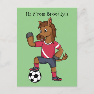 Cute funny horse playing soccer cartoon postcard