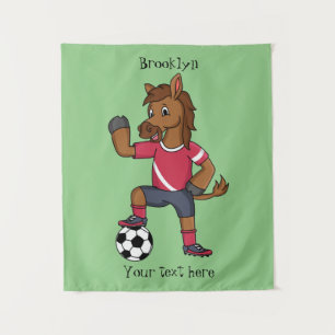 Cute funny horse playing soccer cartoon tapestry