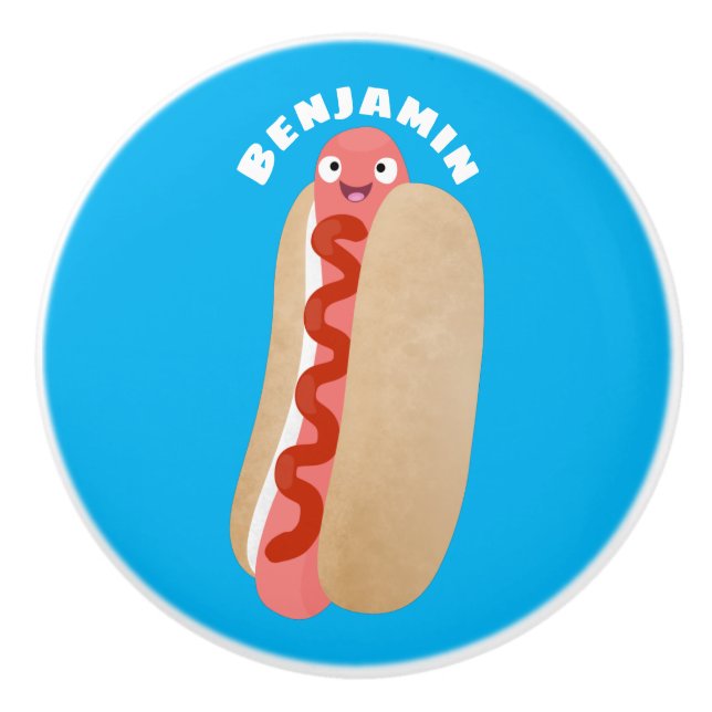 Cute funny hot dog Weiner cartoon Ceramic Knob (Front)