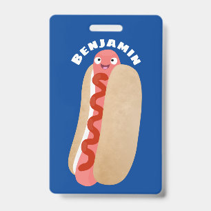 Cute funny hot dog Weiner cartoon  ID Badge