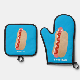 Cute funny hot dog Weiner cartoon Oven Mitt & Pot Holder Set