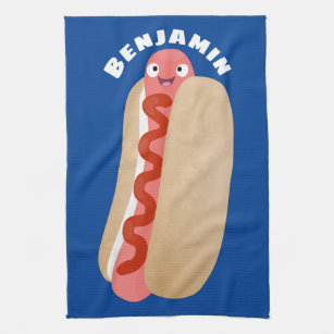 Cute funny hot dog Weiner cartoon Tea Towel