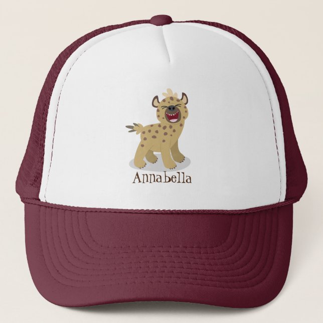 Cute funny hyena laughing cartoon illustration trucker hat (Front)