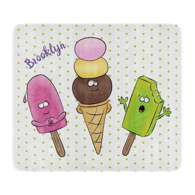 Cute funny ice cream popsicle cartoon trio cutting board (Front)