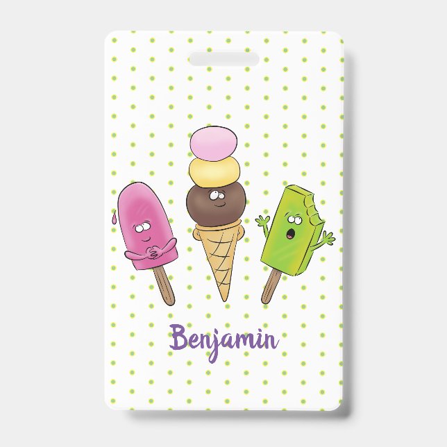Cute funny ice cream popsicle cartoon trio ID badge (Front)