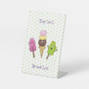 Cute funny ice cream popsicle cartoon trio pedestal sign