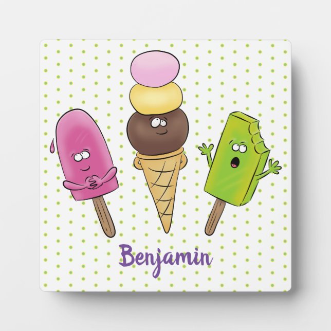 Cute funny ice cream popsicle cartoon trio plaque (Front)