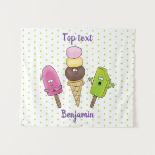 Cute funny ice cream popsicle cartoon trio tapestry