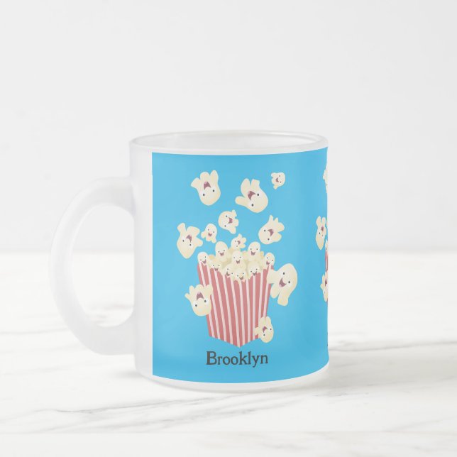 Cute funny jumping popcorn cartoon frosted glass coffee mug (Left)