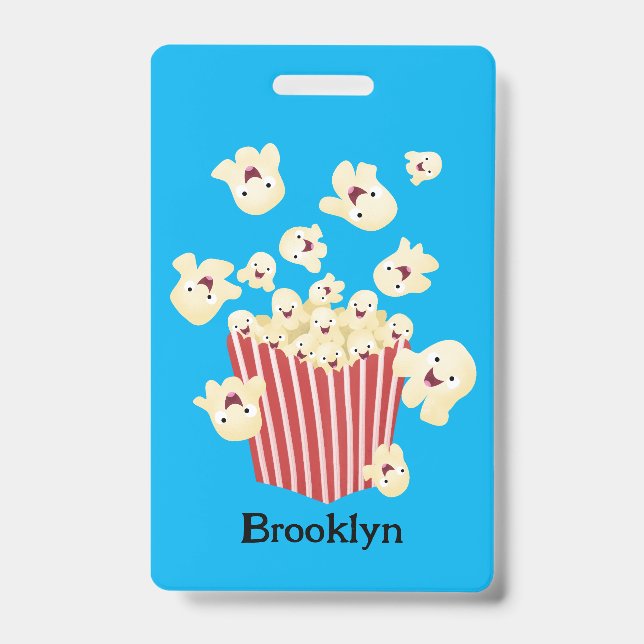 Cute funny jumping popcorn cartoon ID badge (Front)