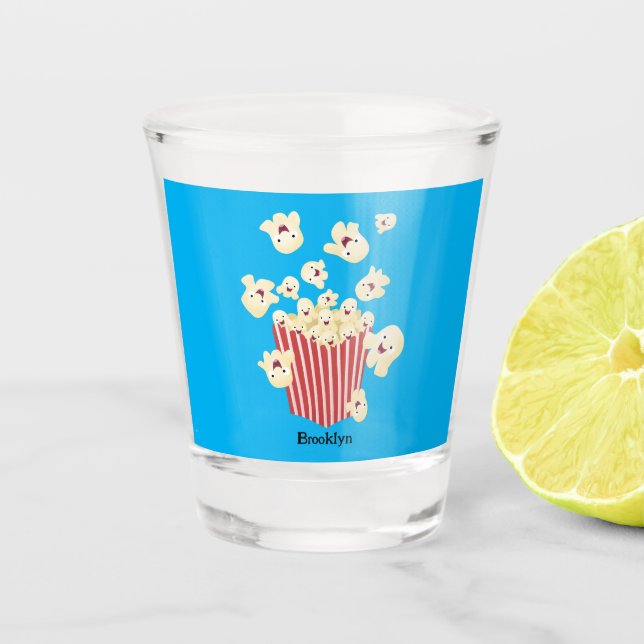Cute funny jumping popcorn cartoon shot glass (Front)