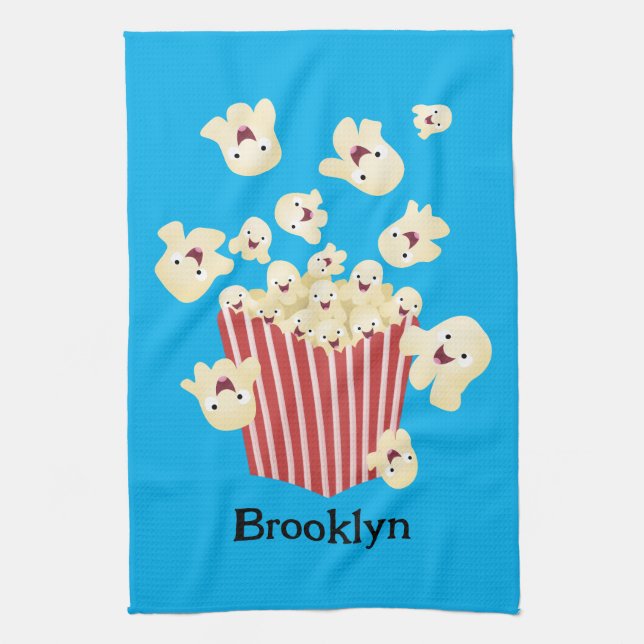 Cute funny jumping popcorn cartoon tea towel (Vertical)