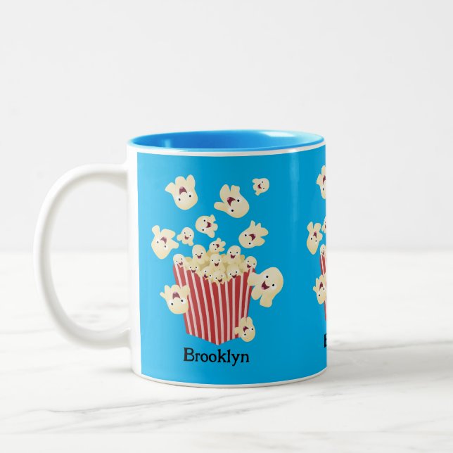 Cute funny jumping popcorn cartoon Two-Tone coffee mug (Left)