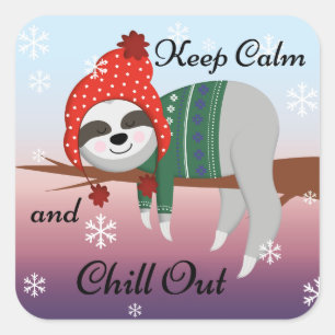 Cute Funny Keep Calm Sloth in Winter Hat & Scarf Square Sticker