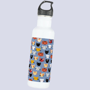 Cute Funny Kitty Cat Faces Pattern Blue 710 Ml Water Bottle