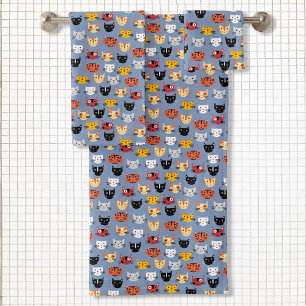 Cute Funny Kitty Cat Faces Pattern Blue Bath Towel Set