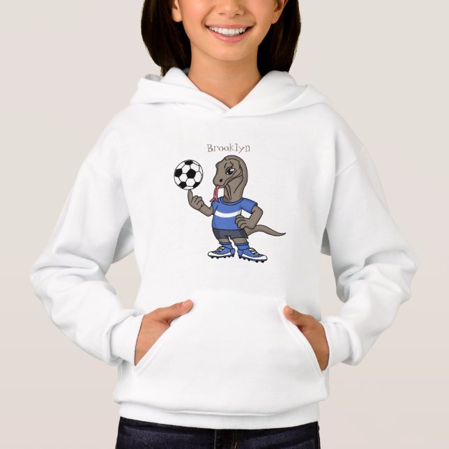 Cute funny Komodo dragon playing soccer cartoon (Front)