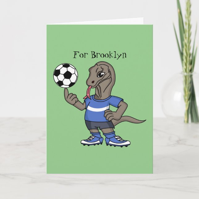 Cute funny Komodo dragon playing soccer cartoon Card (Front)
