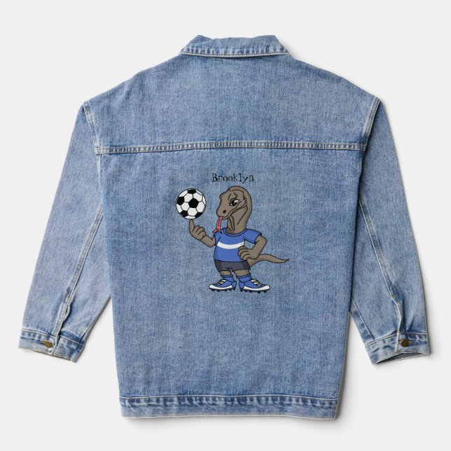 Cute funny Komodo dragon playing soccer cartoon Denim Jacket (Back)