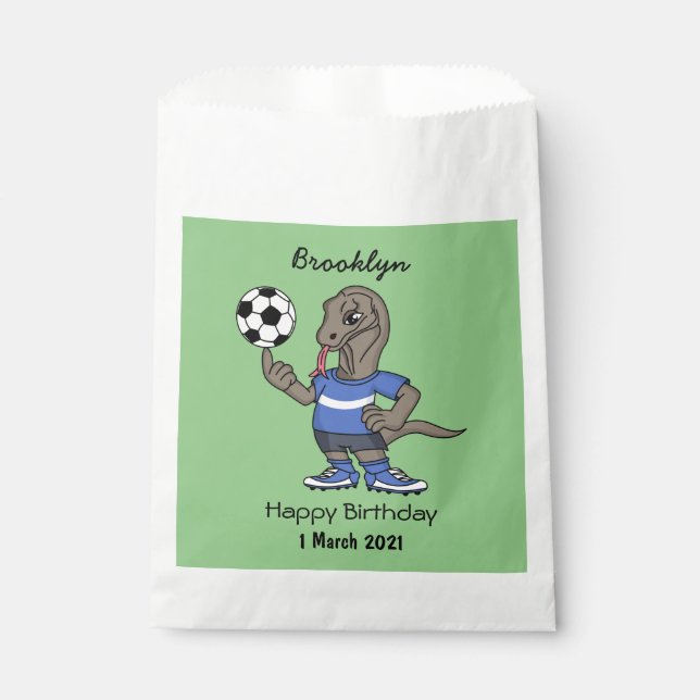Cute funny Komodo dragon playing soccer cartoon Favour Bags (Front)