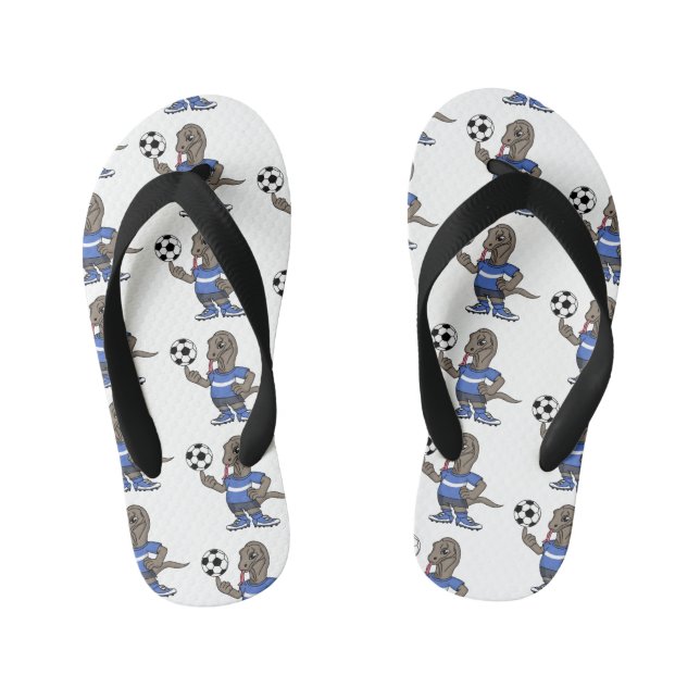 Cute funny Komodo dragon playing soccer cartoon Kid's Jandals (Footbed)