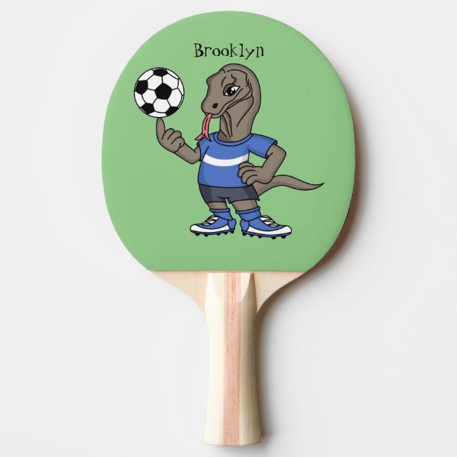 Cute funny Komodo dragon playing soccer cartoon Ping Pong Paddle (Front)