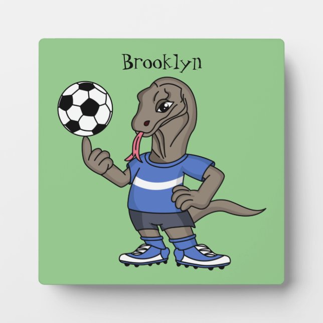 Cute funny Komodo dragon playing soccer cartoon Plaque (Front)