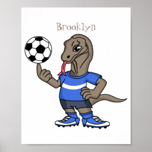 Cute Funny Komodo Dragon Playing Soccer Cartoon T Poster