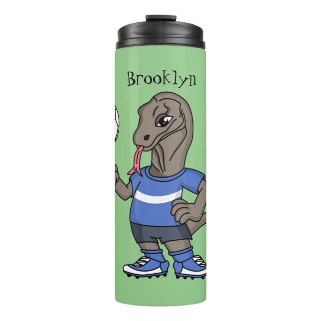 Cute funny Komodo dragon playing soccer cartoon Thermal Tumbler (Front)