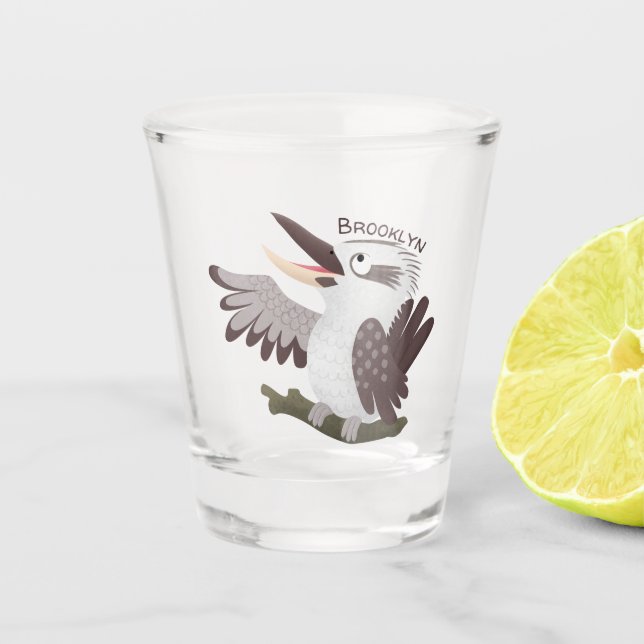Cute funny laughing kookaburra cartoon shot glass (Front)