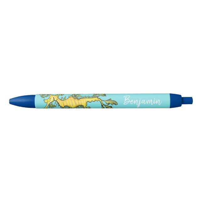 Cute funny leafy sea dragon cartoon illustration black ink pen (Front)