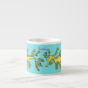 Cute funny leafy sea dragon cartoon illustration espresso cup