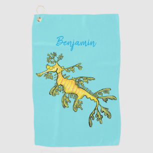 Cute funny leafy sea dragon cartoon illustration  golf towel