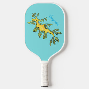 Cute funny leafy sea dragon cartoon illustration pickleball paddle