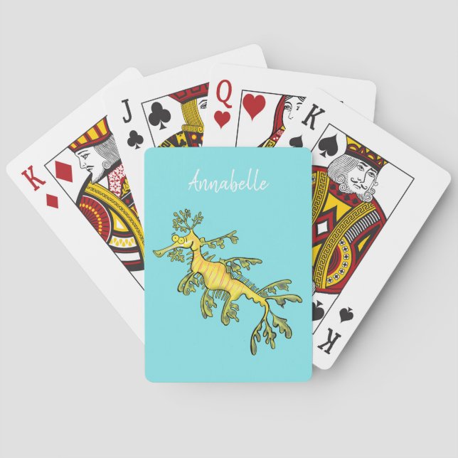 Cute funny leafy sea dragon cartoon illustration playing cards (Back)