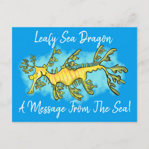 Cute funny leafy sea dragon cartoon illustration postcard