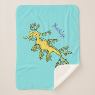 Cute funny leafy sea dragon cartoon illustration sherpa blanket