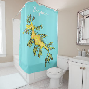 Cute funny leafy sea dragon cartoon illustration shower curtain