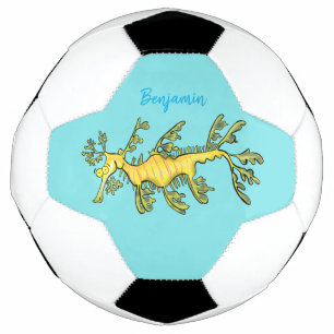 Cute funny leafy sea dragon cartoon illustration soccer ball