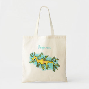 Cute funny leafy sea dragon cartoon illustration tote bag