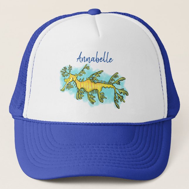 Cute funny leafy sea dragon cartoon illustration trucker hat (Front)