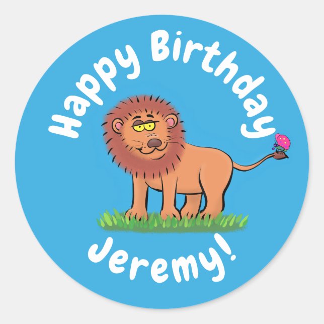 Cute funny lion with butterfly cartoon classic round sticker (Front)