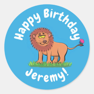 Cute funny lion with butterfly cartoon classic round sticker