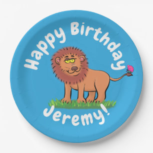 Cute funny lion with butterfly cartoon paper plate