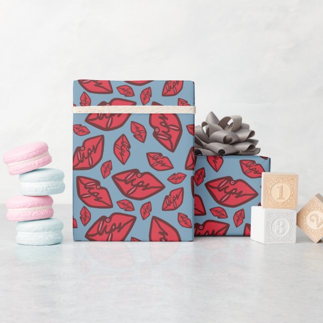 Cute Funny Lips Pattern Blue Wrapping Paper (Baby Shower)