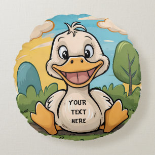 Cute funny little cartoon duck happy smile round cushion