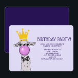 Cute Funny Llama Illustration Birthday Party Invitation<br><div class="desc">A birthday party invitation with a whimsical llama blowing a pink bubble while chewing gum. Wearing a gold crown and a black bow tie. This cute lama is only visible from the neck up. Has a cartoonishly long neck. Light purple background.</div>