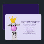 Cute Funny Llama Illustration Birthday Party Invitation<br><div class="desc">A birthday party invitation with a whimsical llama blowing a pink bubble while chewing gum. Wearing a gold crown and a black bow tie. This cute lama is only visible from the neck up. Has a cartoonishly long neck. Light purple background.</div>