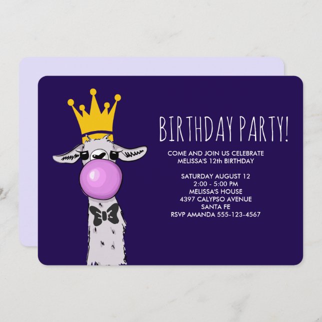 Cute Funny Llama Illustration Birthday Party Invitation (Front/Back)