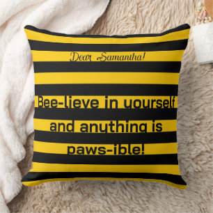 Cute Funny Love Quote Bumble Bee Stripes Pattern Cushion